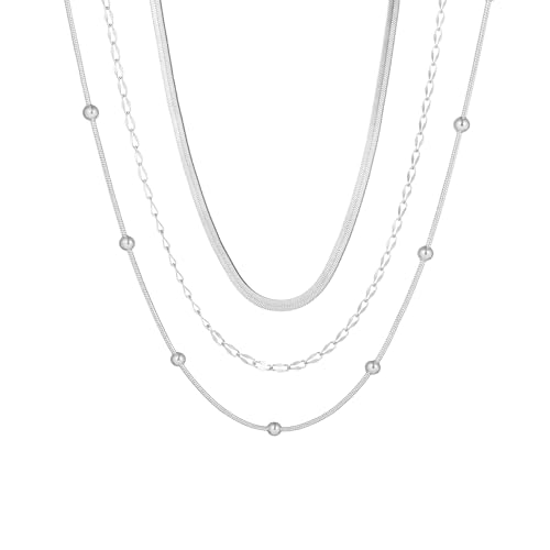 wgoud Gold Necklace for Women Waterproof,14K Real Gold Plated Herringbone Choker Necklace for Women Trendy, Dainty Gold Chain Necklaces Stack,Simple Layered Gold Necklaces for Women Jewelry Gifts - color: 3Pcs Silver Necklace B