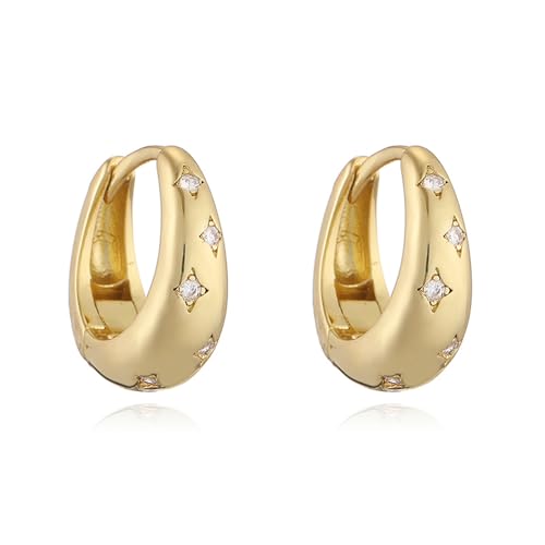 Danity CZ Star Teardrop Small Hoop Earrings for Women 14k Gold/Silver Plated Chunky Crystal Cubic Zirconia Oval Thick Huggie Hoops Hypoallergenic Fashion Trendy Jewelry - color: Gold