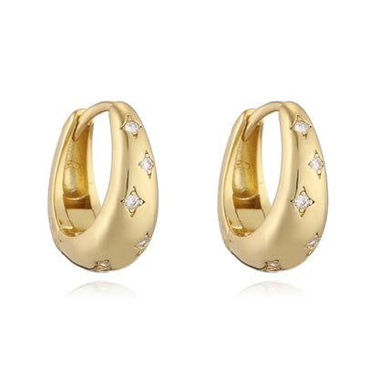 Danity CZ Star Teardrop Small Hoop Earrings for Women 14k Gold/Silver Plated Chunky Crystal Cubic Zirconia Oval Thick Huggie Hoops Hypoallergenic Fashion Trendy Jewelry - color: Gold