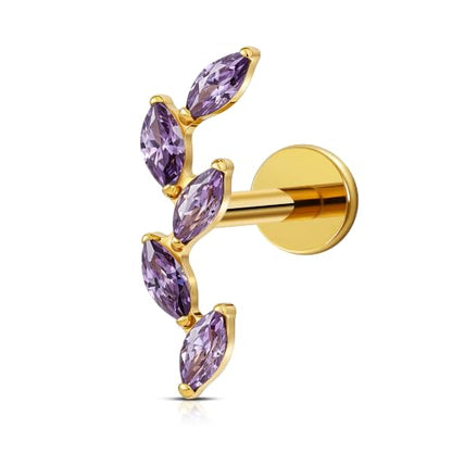 FINE4U 16G CZ Cluster Climber Cartilage Earring for Helix, Tragus - ASTM F136 Titanium Triple Marquise Labret Stud, Screw on Nickel Free Flat Back Jewelry - color: Five Marquise - Amethyst CZ - Gold