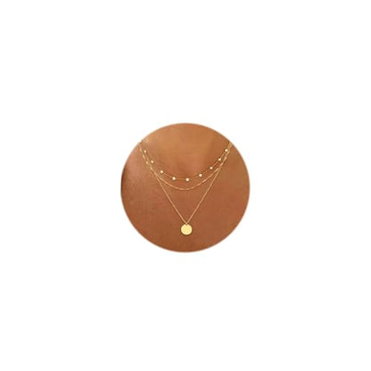 Aisansty Dainty Layered Choker Necklaces Handmade Coin Tube Star Pearl Pendant Multilayer Adjustable Layering Chain Gold Plated Necklaces Set for Women - color: Gold, style: Gold Pearl&Disc