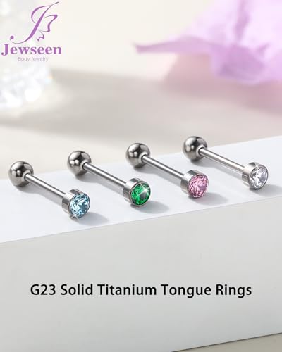 Jewseen ASTM F136 Hypoallergenic Titanium Super Light Tongue Ring Cute Crystal Internally Threaded 14G 16mm Piercing Jewelry-TIMELESS COLLECTION - color: Emerald Green
