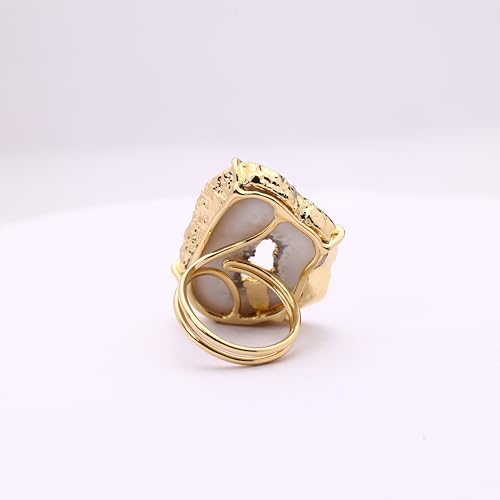 Ring Geode Druzy Slice Unique And Stylish Statement Gold Plated Jewelry Natural Gemstone Stone size 25-35 mm Approximately Adjustable Shank US Scale Size 6-9 - color: Gray, 6