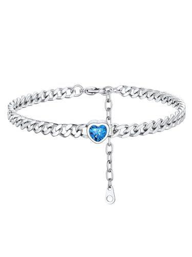 ChainsHouse Cuban Chain Anklets for Women with Heart Birthstone Jan - Dec | Stainless Steel Black Link Chain Ankle Bracelet with Birthstone, Beach Women Anklet 22cm-27cm Adjustable, with Gift Box - color: 12. Dec.-Tanzantite-Steel