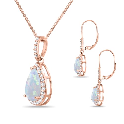 Jewelry Sets for Women, Necklace and Earring Sets for Women, Birthstone Jewelry, Genuine or Synthetic Gemstones, Teardrop Necklace and Dangle Earrings, Pendant Necklace, Sterling Silver Jewelry - color: Synthetic Opal - Rose Gold