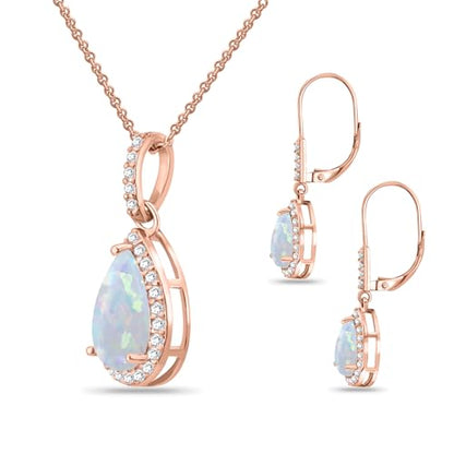 Jewelry Sets for Women, Necklace and Earring Sets for Women, Birthstone Jewelry, Genuine or Synthetic Gemstones, Teardrop Necklace and Dangle Earrings, Pendant Necklace, Sterling Silver Jewelry - color: Synthetic Opal - Rose Gold