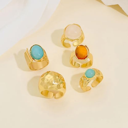 GIGB PBDK Gold Chunky Hammered Dome Resin Rings,Open Adjustable Baroque Pearl Stackable Knuckle Finger Rings Set Party Jewelry Trendy Accessories Gift for Women
