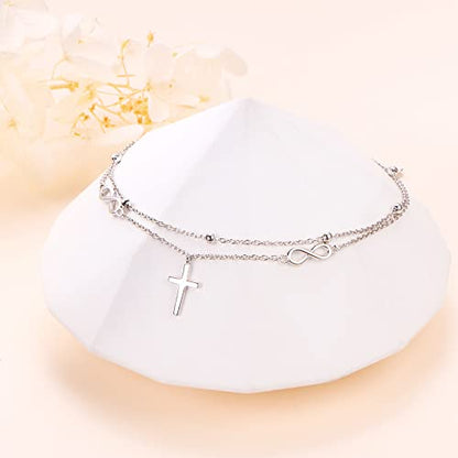 Anklet for Women 925 Sterling Silver Foot Adjustable Ankle Bracelet Jewelry - style: Infinity Cross