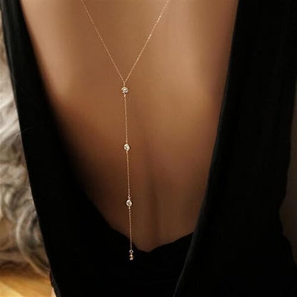 Dainty Crystal Back Chain for Women Sparkly Rhinestone Long Back Necklace for Backless Dress Summer Party Body Jewelry - color: Gold A