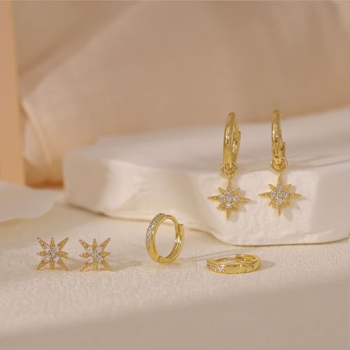 Gold Plated Earrings for Women, 14k Gold Plated Earring Stack Hypoallergenic Pearl Drop Earring Dainty Earrings for Women Trendy Cute Small Huggie Hoop Earring Fashion Womens Jewelry - color: star set