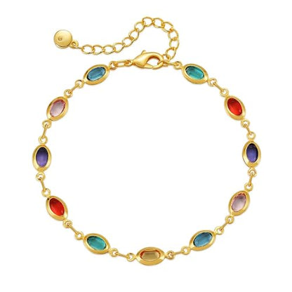 Dainty Gold Bracelets for Women, 18 Gold Plated Adjustable Evil Eye/Butterfly/Beaded/Pearl/Heart/Turquoise Handmade Bracelet for Women - style: oval colorful cubic zirconia