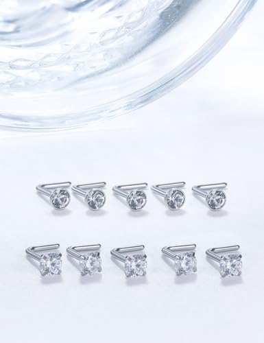 18G 20G 22G Stainless Surgical Steel Titanium Nose Rings Studs for Women L Shaped Nose Studs Screw Nose Rings Nostrial Piercing Jewelry for Women Men Silver Gold Black - style: 18G/2mm CZ/L-shaped/Silver