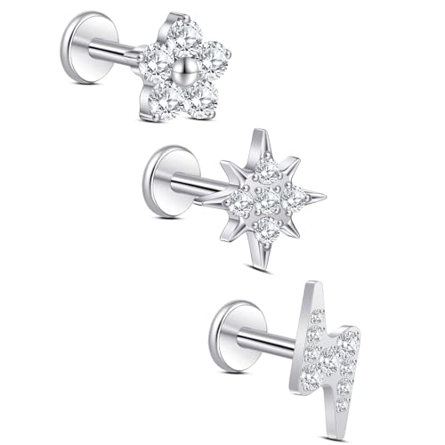 limerencia Titanium Internally Threaded Flat Back Earrings, 3 Pcs Implant Grade Hypoallergenic Studs, 18G Tragus Helix Conch Cartilage Piercing Jewelry for Sensitive Ears Women Men, Gold/Silver - color: Silver-Vibe B