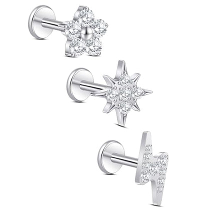 limerencia Titanium Internally Threaded Flat Back Earrings, 3 Pcs Implant Grade Hypoallergenic Studs, 18G Tragus Helix Conch Cartilage Piercing Jewelry for Sensitive Ears Women Men, Gold/Silver - color: Silver-Vibe B