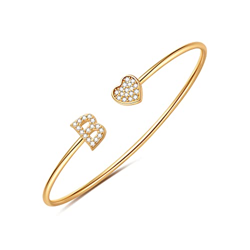 Gold Bracelets for Women Teen Girls, 14K Gold Plated Initial Heart Bangle | Adjustable Open Cuff Bracelet, Dainty Letter Jewelry, Daughter Sister Bridesmaid Friend, Birthday Christmas Graduation Gift - color: B.
