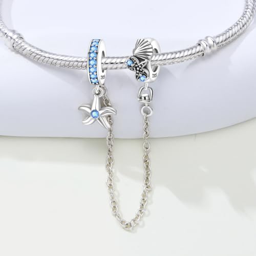Spacer Stopper Beads for Bracelets & Necklaces, 925 Sterling Silver Beads | Smooth & Pave Cubic Zirconia (White, Blue, 18K Gold Plated) | Anti-Slide Separator Charms S925 Women Jewelry - color: Safety Chain Starfish Shell