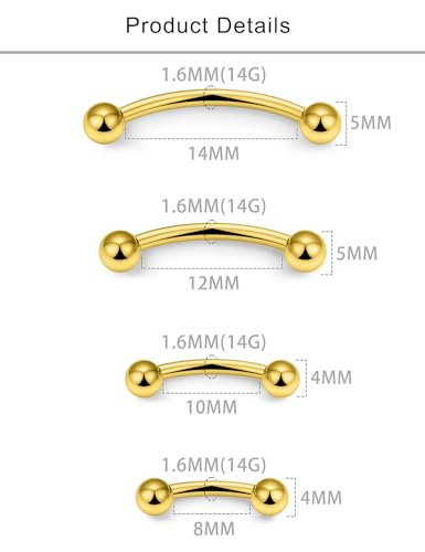 Lcolyoli 14G Snake Eyes Piercing Jewelry Tongue Curved Barbell Surgical Steel Small Belly Button Ring Eyebrow Piercing Jewelry Vertical Labret Lip Jewelry for Women Men Bar Length 8mm 10mm 12mm 14mm - color: goldtone,14g