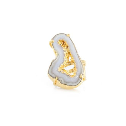Ring Geode Druzy Slice Unique And Stylish Statement Gold Plated Jewelry Natural Gemstone Stone size 25-35 mm Approximately Adjustable Shank US Scale Size 6-9 - color: Gray