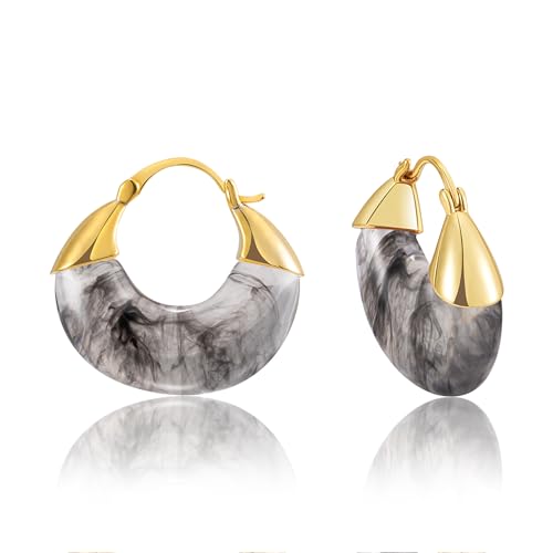 LAXPICOL Gold Chunky Dangle Earrings For Women Resin Stone Earrings Hoop Earrings, 18k Plated Oval Resin Stone Statement Earrings for Women Unique Dangling Teardrop Baroque Huggies Hoop Earrings - color: Black-Teardrop 2