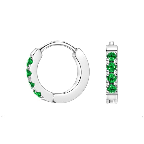 Birthstone Huggie Hoop Earrings for Women, Cubic Zirconia Small Hoops | 316L Surgical Steel, 18K Gold or Silver, 6-10mm, Hypoallergenic Waterproof, Cartilage Piercing, Birthday Gift - color: 05 MAY. Emerald - Silver, size: 7mm