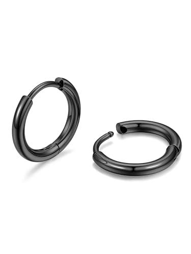PROSTEEHoop Earrings for Men Women Stainless Steel Silver/Black/14K Gold | Waterproof & Lightweight Sleeper Small Huggie Earring Hypoallergenic Post Cartilage Piercing Jewelry for Mens Dad Gift Box - color: A. Round-Black, size: 10mm