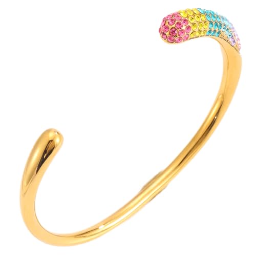 Adjustable Open-Cuff Bracelet for Women – Stainless Steel Gold Bangle with Colorful Rhinestones, Layering Accessory