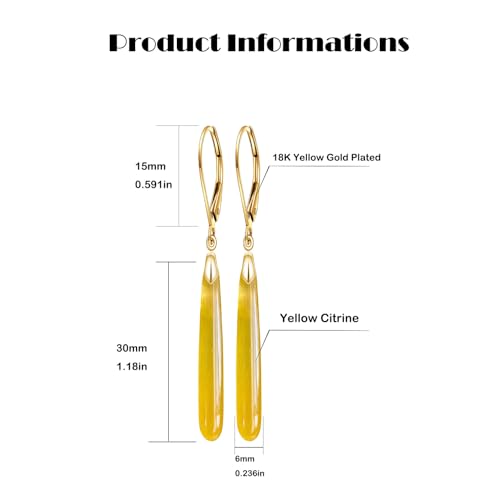 Natural Waterdrop Stone Drop Earrings,Yellow Gold Plated Real Genuine Teardrop Crystal Quartz Gemstone Dangle Earrings for Women Her - color: A02_Citrine
