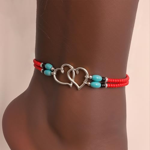 Elastic Beaded Ankle Bracelets for Women Double Heart Layered Stretch Ankle Bracelets Waterproof Dainty Boho Beaded Anklets for Summer Beach Foot Jewelry - color: Red Silver