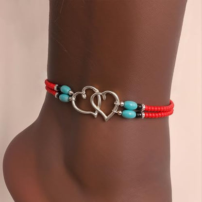 Elastic Beaded Ankle Bracelets for Women Double Heart Layered Stretch Ankle Bracelets Waterproof Dainty Boho Beaded Anklets for Summer Beach Foot Jewelry - color: Red Silver