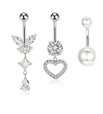 TIANCI FBYJS 3pcs G23 Titanium Pink Belly Button Rings Internally Threaded 10mm Clicker Reverse Curved Hoop Navel Barbell Piercing Jewelry CZ Belly Rings for Women Men - color: silver set 7