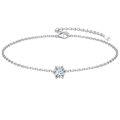 ChicSilver 925 Sterling Silver Anklets for Women, Simple Dainty Round/Heart Birthstone Ankle Bracelet Beach Foot Jewelry, 8.7-10.7 Inch Adjustable - color: 04. Round - April(Diamond)