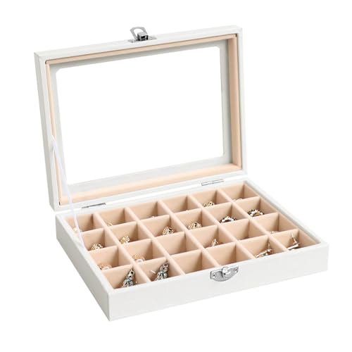 Wudygirl 24 Grid Earring Organizer Small Jewelry Box with Lid WhiteCream | Ring Box with Adjustable Dividers, Velvet Lining, Ideal for Rings, Earrings, Jewelry Display, Gift Giving - style: White Cream 24 Grid