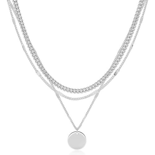 Cuzmly Layered Silver Necklaces for Women, Sterling Silver Stackable Stack Choker Necklaces for Women Trendy Layering Circle Pendant Chain Necklace Set Jewelry for Women - style: Coin