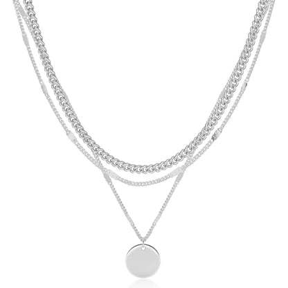 Cuzmly Layered Silver Necklaces for Women, Sterling Silver Stackable Stack Choker Necklaces for Women Trendy Layering Circle Pendant Chain Necklace Set Jewelry for Women - style: Coin
