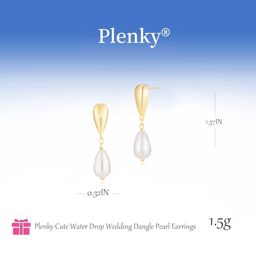 Plenky Pearl Earrings-14K Gold Plated Dainty Pearl Drop Simple Wedding CZ Dangle Dangling Cute Stud Earrings for Brides Earrings for Women Gifts - style: Teardrop Pearl Earrings