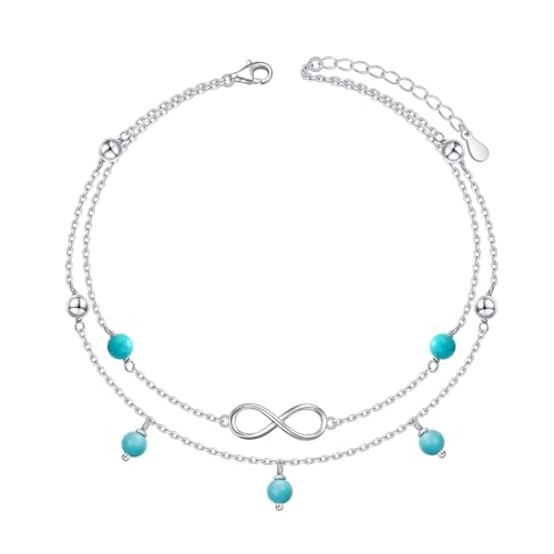 Flyow Anklet for Women S925 Sterling Silver Adjustable Foot Beaded Heart Charm Ankle Bracelet Anklets Jewelry - style: Turquoise infinity