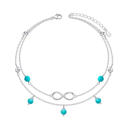 Flyow Anklet for Women S925 Sterling Silver Adjustable Foot Beaded Heart Charm Ankle Bracelet Anklets Jewelry - style: Turquoise infinity