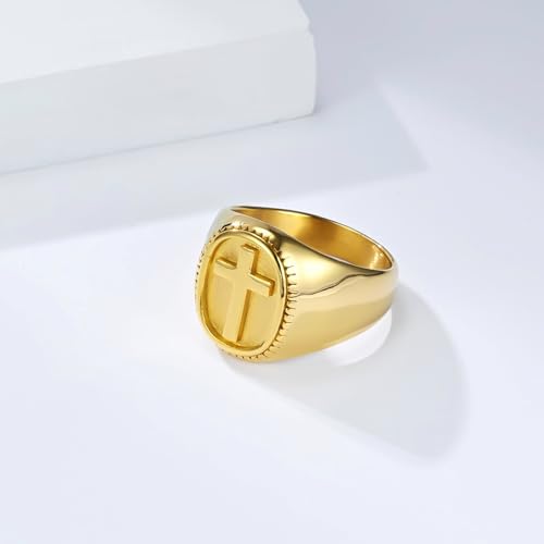 Men Engagement Ring Stainless Steel, Men Stainless Steel Signet Ring with 18MM Wide Oval with Cross, Gold, Size 11