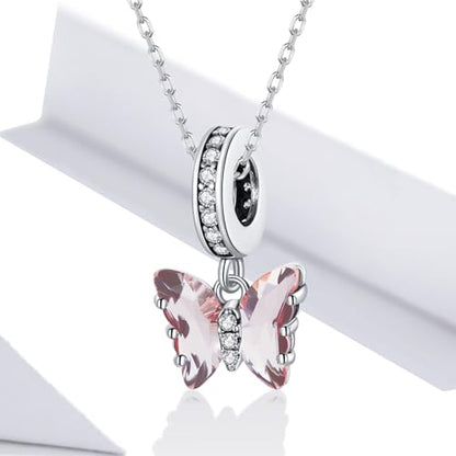 BISAER 925 Sterling Silver Charms for Bracelets Cat Dog Sloth Animal Beads Butterfly Fairy Heart Dangle Pendant Charms - color: Butterfly CZ