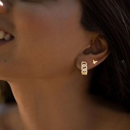 Dremmy Studios Dainty CZ Huggie Hoop Earrings 14K Gold Plated Chunky Simple Cute Thick Round Frill Bead Ball Starburst Cuff Earrings Cubic Zirconia Hoop Earrings Minimalist Personalized Gift for Her - color: Chain E