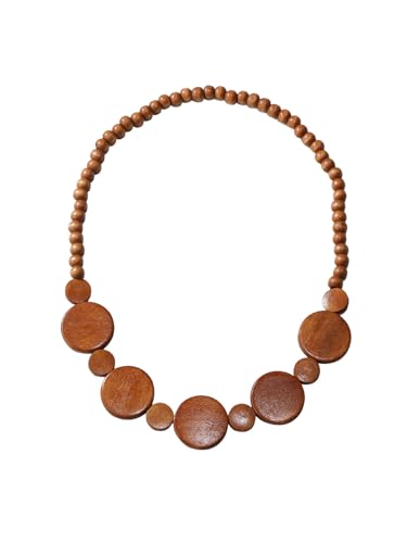 Colorful Ethnic Wooden Earrings Round Statement Dangle Earrings Multilayered Geometric Beaded Bracelet Necklace Set for Women Exaggerated Tribal Jewelry - color: Round Disc Pendant Neck Chain-Brown