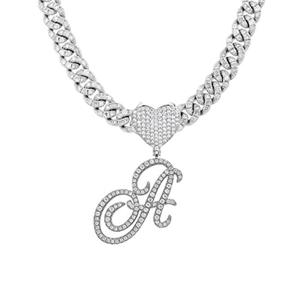 Initial Necklaces Silver Cuban Link Chain for Women Iced Out Chain with Heart Letter Pendants Custom Chain Name Necklace Hip Hop Jewelry Gift - color: A