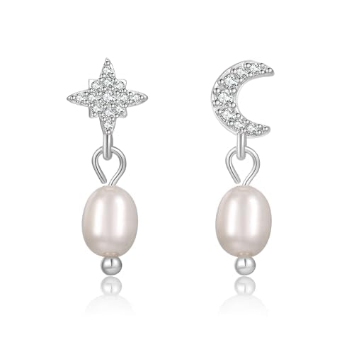 Pearl Earrings for Women 14K Gold Freshwater Pearl Hoop Earring Dangle Drop Wedding Earrings Bridal Bridesmaid Jewelry Gifts for Women - color: Silver Moon & Star Pearl Earrings