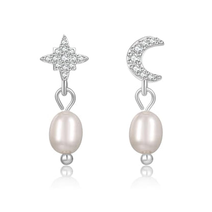 Pearl Earrings for Women 14K Gold Freshwater Pearl Hoop Earring Dangle Drop Wedding Earrings Bridal Bridesmaid Jewelry Gifts for Women - color: Silver Moon & Star Pearl Earrings