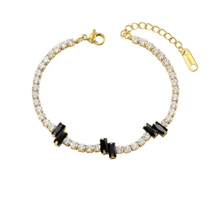 18K Gold Plated Cubic Zirconia Tennis Bracelet for Women Sparkling Stackable Stainless Steel Jewelry Hypoallergenic Tarnish Resistant Bridal Gift - color: Black Baguette CZ-Gold