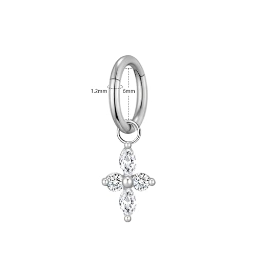Ourania 16G Gold Stainless Steel Zircon Dangle Huggie Hoop Rook Piercing Helix Hoop Earring Tragus Hoop Cartilage Piercing for Women - color: Flower Silver 2PCS, size: 1.2*6mm 2pcs