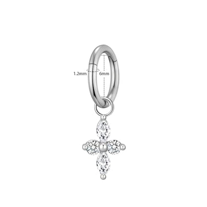 Ourania 16G Gold Stainless Steel Zircon Dangle Huggie Hoop Rook Piercing Helix Hoop Earring Tragus Hoop Cartilage Piercing for Women - color: Flower Silver 2PCS, size: 1.2*6mm 2pcs