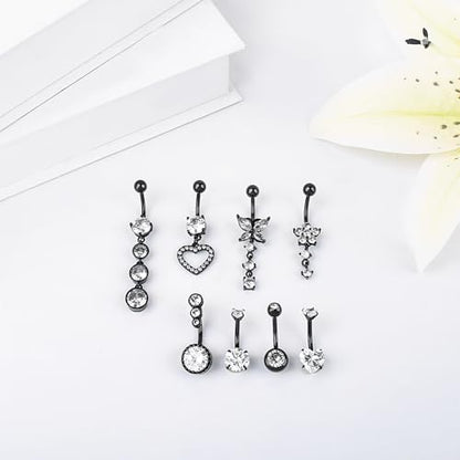 LEE&RO Belly Button Ring Dangle Stainless Steel Belly Rings 14G Belly Button Piercing Cute Navel Ring Belly Piercing Jewelry - style: 8Pcs-Black Tone