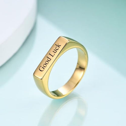 Stainless Steel Square Signet Rings for Men Women Gold/Silver Plain Pinky Thumb Ring, Gift for Dad Husband - color: Rectangle Gold-Custom