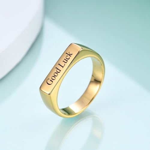 Stainless Steel Square Signet Rings for Men Women Gold/Silver Plain Pinky Thumb Ring, Gift for Dad Husband - color: Rectangle Gold-Custom